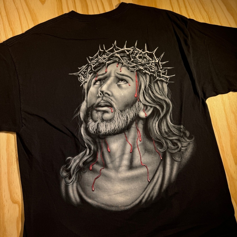 Delta Men's Jesus Christ Crown of Thorns Back Graphic T-Shirt Black Vintage XL